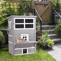 Outdoor Cat House, 3-Tier Kitty Shelter with 5 Escape Doors, Weather Resistant, Gray & White