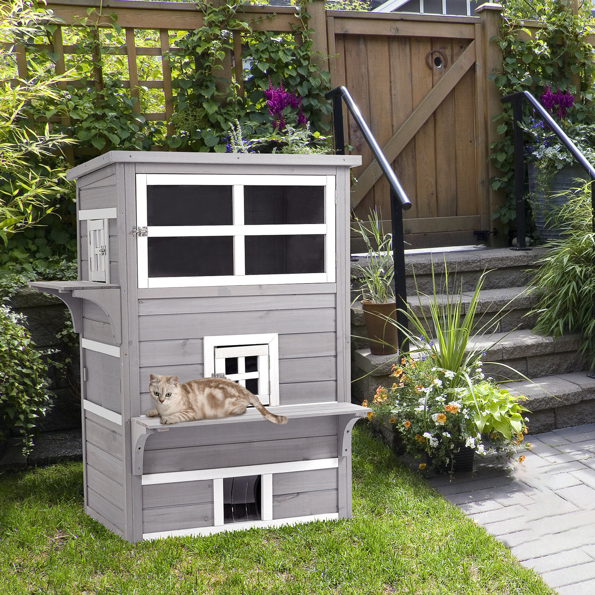 Outdoor Cat House, 3-Tier Kitty Shelter with 5 Escape Doors, Weather Resistant, Gray & White