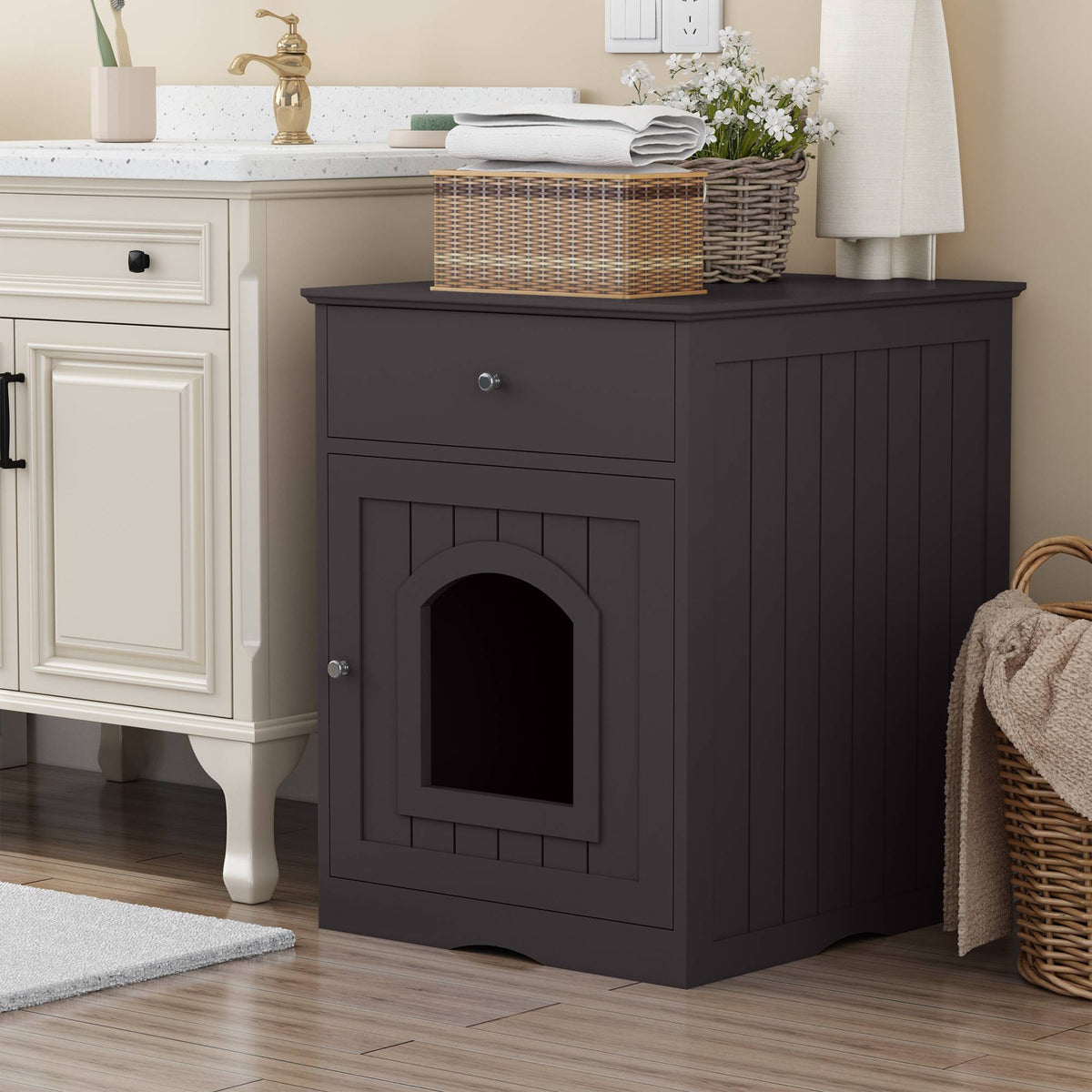 Wooden Pet House Cat Litter Box Enclosure With Drawer, Side Table Indoor Pet Crate