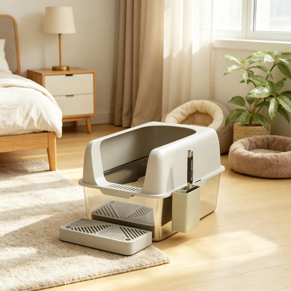 Light Gray 2 Pack High Sided Stainless Steel Litter Box Anti-Urine Leakage for Multi-Cat Households