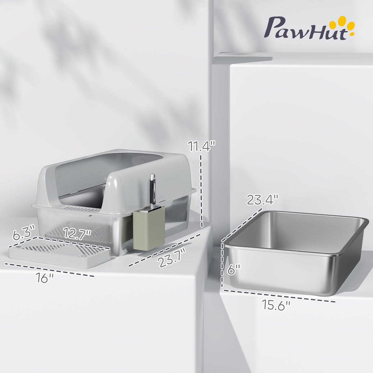 High Sided Stainless Steel Litter Box with Metal Scoop & Scoop Holder, for Easy Clean& Anti-Urine Leakage, Light Gray