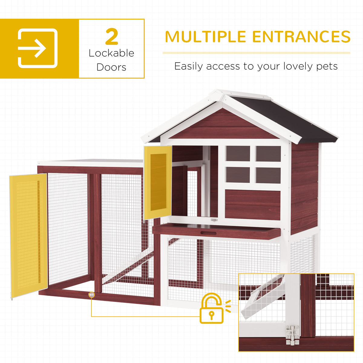49" Wooden Rabbit Hutch Bunny Cage with Waterproof Asphalt Roof, Fun Outdoor Run, Removable Tray and Ramp, for Rabbits, 