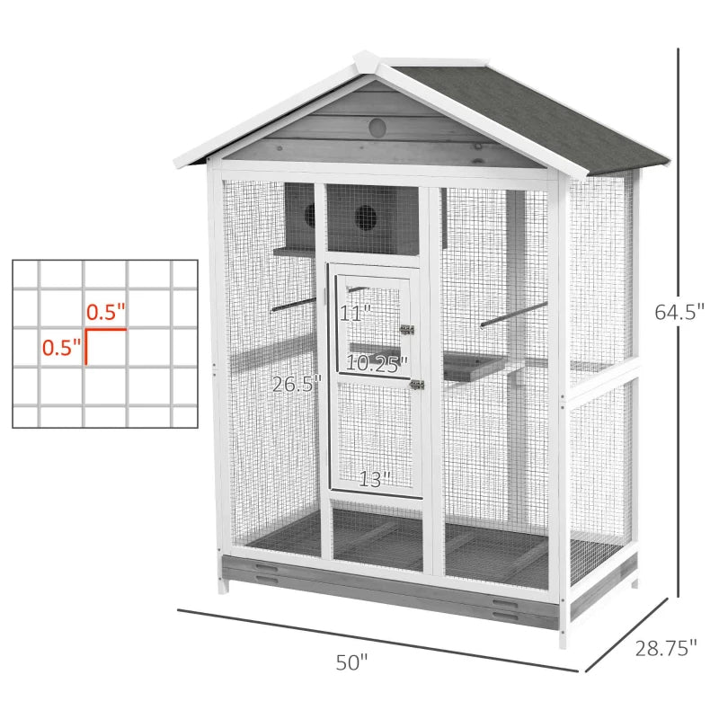 PawHut 64.5 Wooden Bird Cage Aviary, Flight Cage With 4 Perches, Nest And Slide-Out Tray For Indoor Outdoor, GrayMultipl