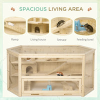 Wooden Large Hamster Cage Small Animal Exercise Play House 3 Tier With Tray, Seesaws, Water Bottle, Activity Center, Nat