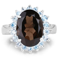 6.79 Carat Genuine Smoky Quartz & Blue Topaz .925 Sterling Silver Ring