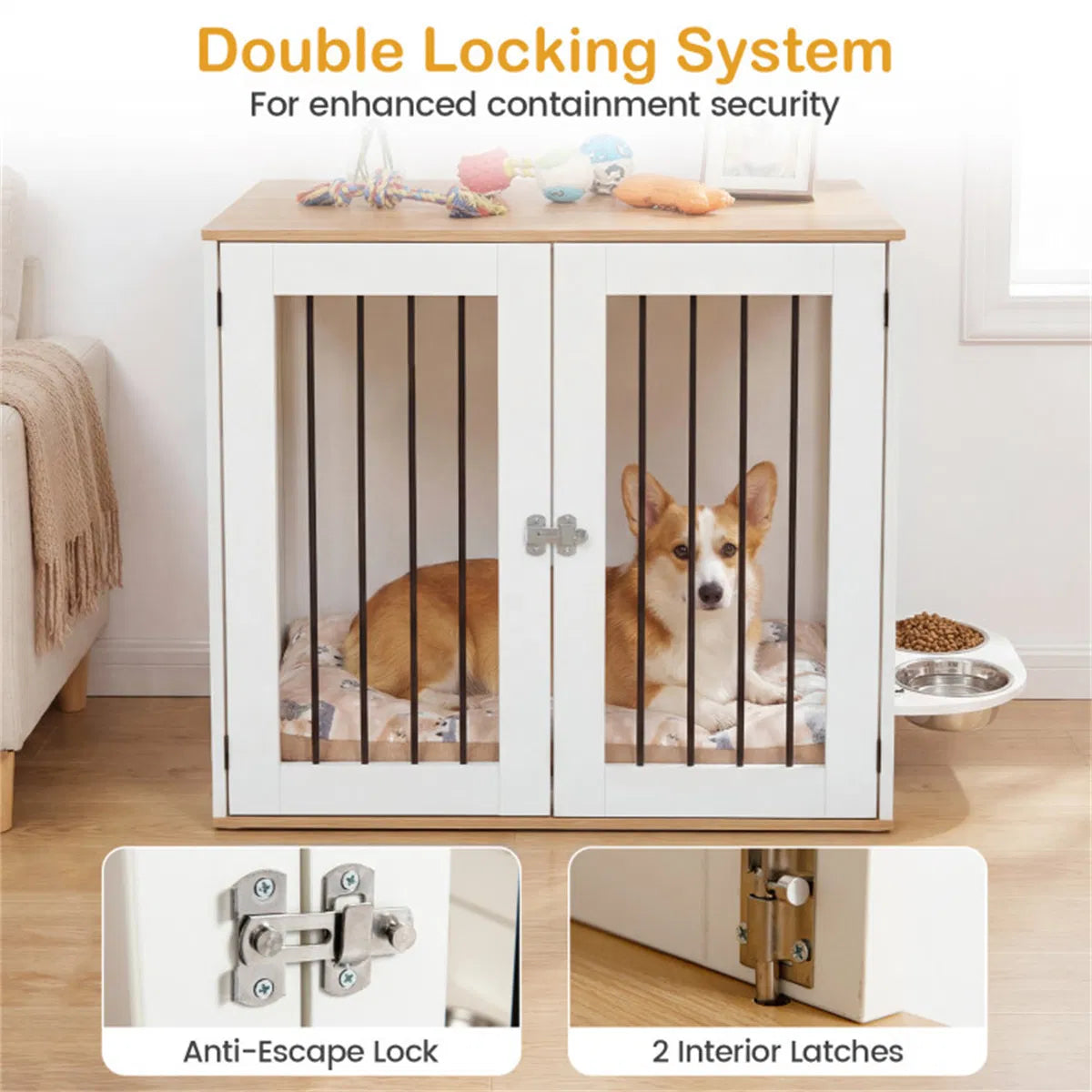 Furniture Style Dog Crate with 360° Rotating Feeder & 304 Stainless Steel Bowls, Double Locking Indoor Dog Kennel