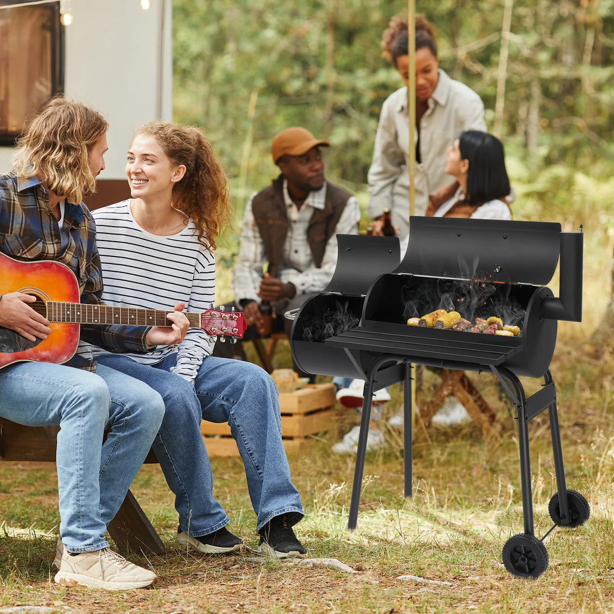 Barrel Charcoal Grill with Offset Smoker, All Metal Outdoor Smoker with Side Table and Wheels for Outdoor Garden Patio a