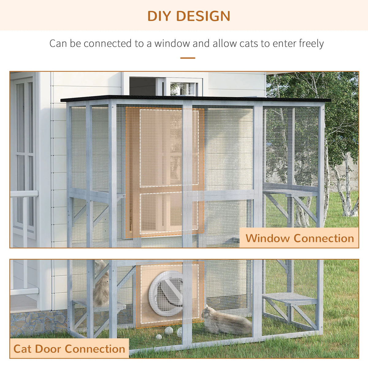 Large Outdoor Catio Enclosure, Weatherproof Cat House with Asphalt Roof, Wooden Cat Patio Cage with 6 Balanced Platforms