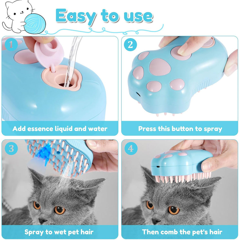 Rechargeable Steam Cat Brush, Cute Paw Shape Pet Steamer Grooming Brush With Soft Silicone Teeth For Dog Cat Massage, Sh