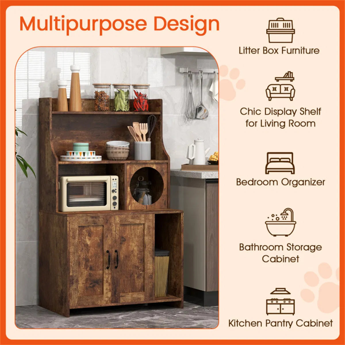 Wooden Hidden Cat Litter Box Enclosure with Storage Shelves Anti-Toppling Design Industrial Style Brown