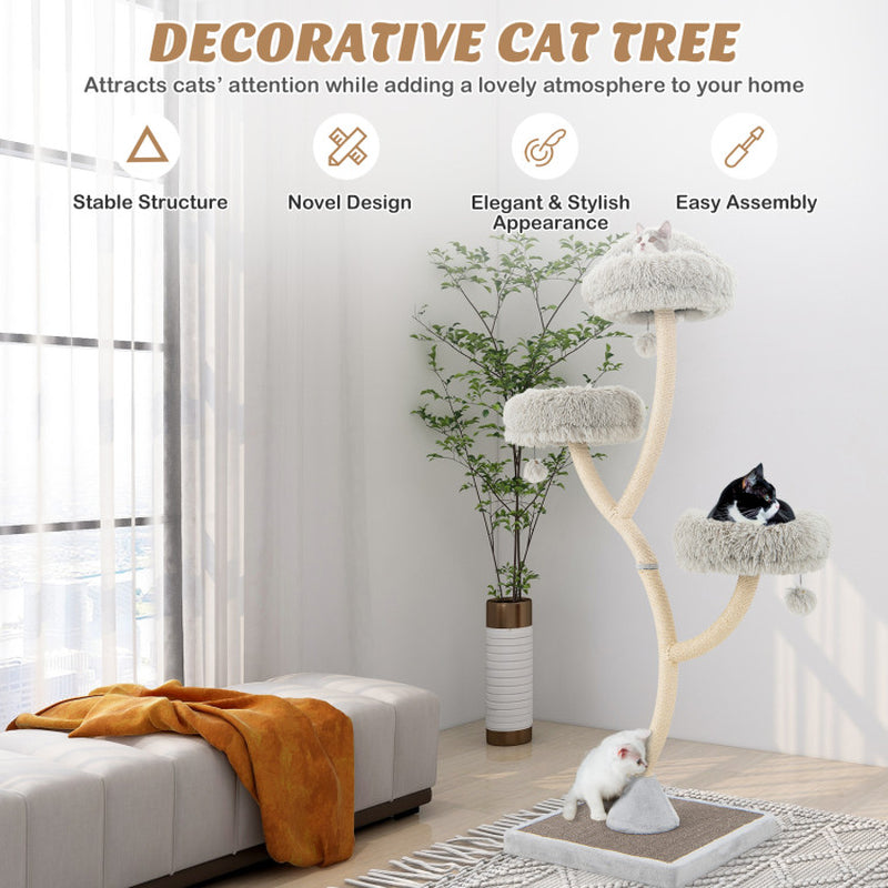 70" Tall Metal Cat Tree Tower with 3 Plush Perches & Sisal Scratching Posts - BIG FRENCHIES