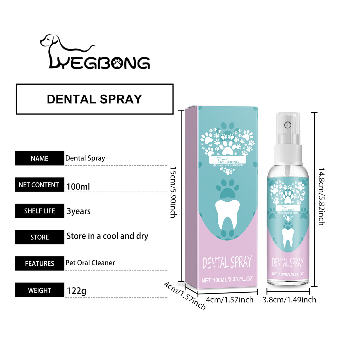 Pet Dental Spray For Dogs & Cats, No Brushing Needed, Freshen Breath & Whiten Teeth Oral Care Spray