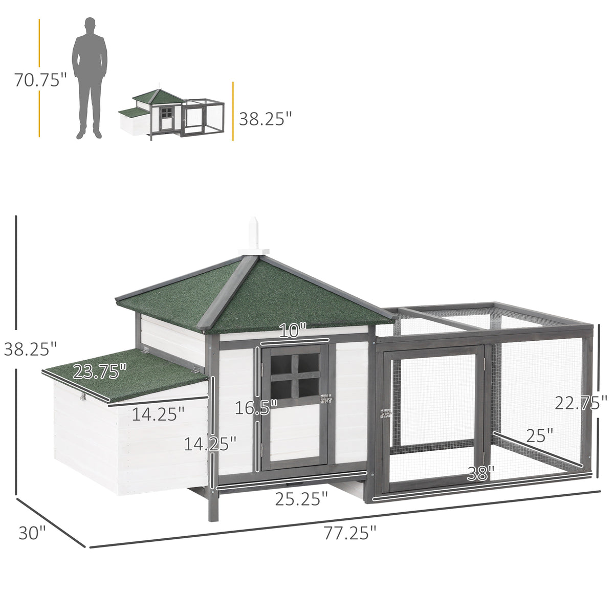 77" Wooden Chicken Coop with Nesting Box, Cute Outdoor Hen House with Removable Tray, Ramp Run, for Garden Backyard, Gra