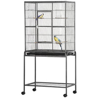 Rolling Metal Bird Cage Feeder With Detachable Rolling Stand, Storage Shelf, Wood Perch & Food Container