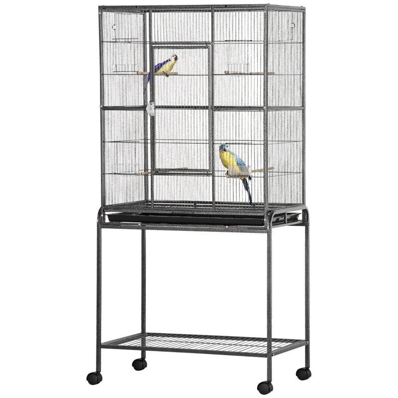 Rolling Metal Bird Cage Feeder With Detachable Rolling Stand, Storage Shelf, Wood Perch & Food Container