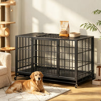 Heavy Duty Dog Crate , Mobile Pet Kennel with Lockable Wheels & Rotary Twist-Latch, Indoor Outdoor Metal Cage with Perfo