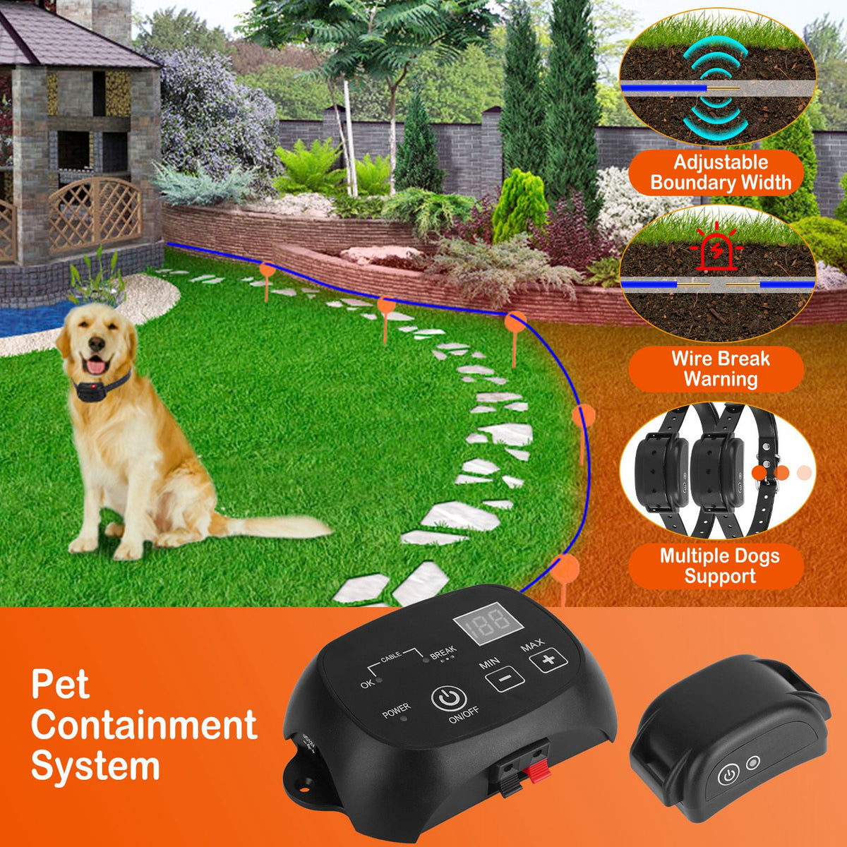 1Set Dog Fence System Pet Containment System With One Hundred Adjustable Levels IPX7 Waterproof Rechargeable Receiver Un