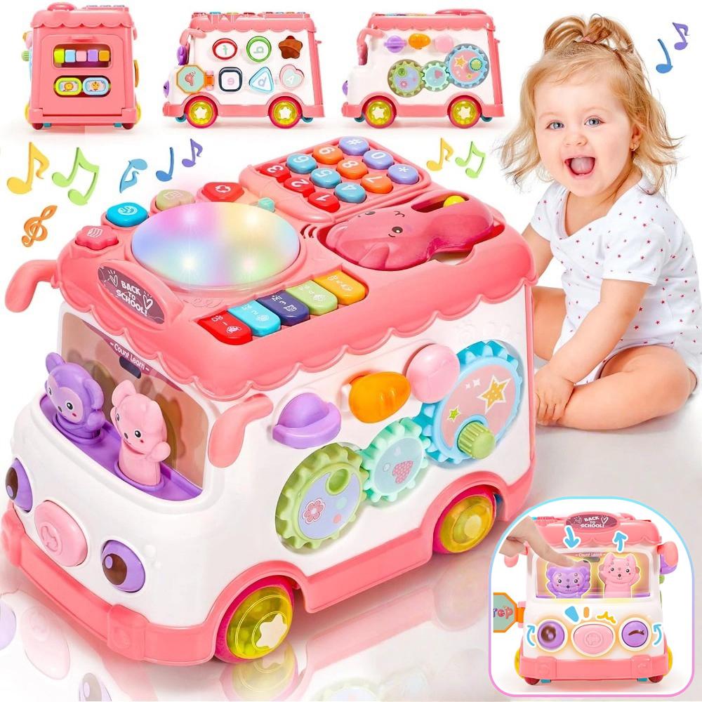 Baby Activity Bus Toy Set 6-in-1 Multifunctional Musical Learning Bus Includes Mini Car & Building Blocks Early Educatio