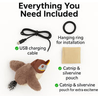 USB Rechargeable Flapping Bird Cat Toy, Realistic Chirping White Faced Sparrow Plush Toy, Motion Activated Electronic In