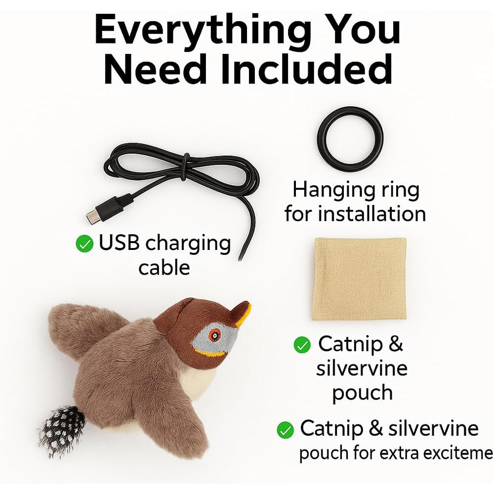 USB Rechargeable Flapping Bird Cat Toy, Realistic Chirping White Faced Sparrow Plush Toy, Motion Activated Electronic In