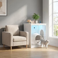 White Smart Litter Box Cabinet with Panoramic Glass Door & RGB Lighting – Self-Cleaning Litter Box Enclosure