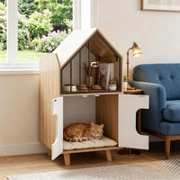 Natural & White Hidden Cat Litter Box Furniture, Elevated Cat Lounge Top Enclosed Cat Washroom Cabinet with Raised Legs 
