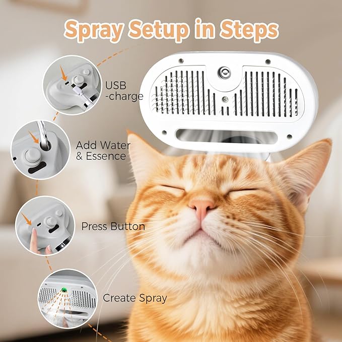 3 In 1 Cat Steam Brush, Pet Steam Brush For Cat Dog Long Short Haired, Pet Spray Hair Removal Comb For Small Animals She