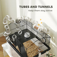 2 Tier Hamster Cage with 12" Deep Tray, Tube System, Water Bottle, Ramp, Feeding Bowl, 23" x 17" x 22", Black