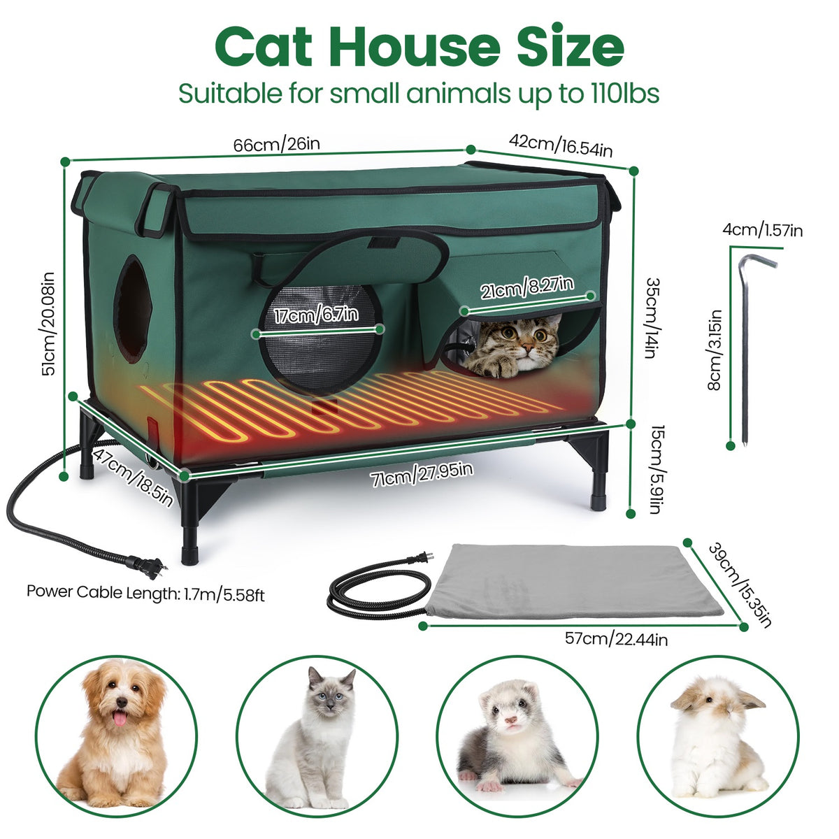 1Pc Waterproof Heated Cat House Outdoor Weatherproof Insulated Kitty Shelter Feral Cat Heating Bed With Heating Pad Anti
