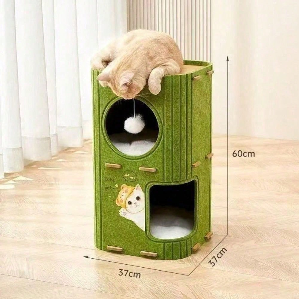 Multi Level Felt Cat Tree House, Vertical Cat Scratcher Tower With Multiple Hideaway Nests, Interactive Hanging Ball Toy