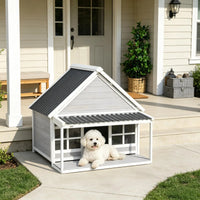 Wooden Dog House with Porch, Outdoor Weatherproof Dog House with Tilt Roof, Front Door and Windows, for Medium and Large