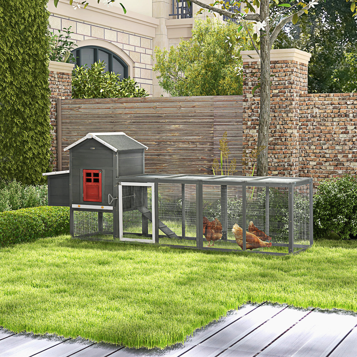 118" Extra Large Chicken Coop with Asphalt Roof, Wooden Hen Run with Slide-Out Tray and Nesting Box, Chicken Hutch for 3