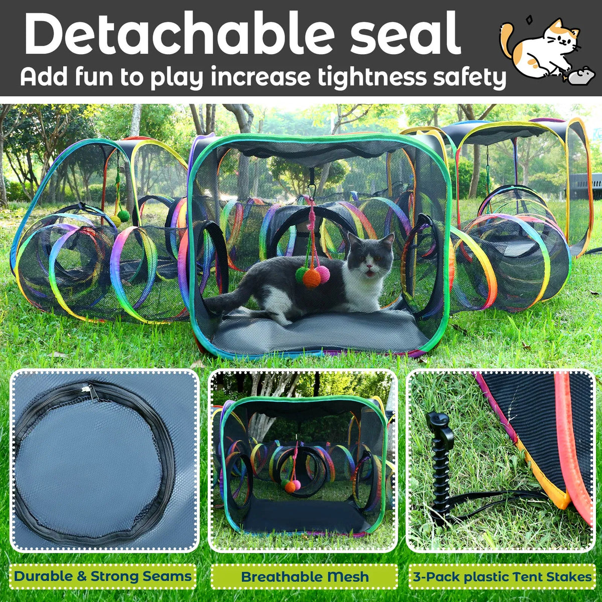 Portable Cat Enclosure - 7-in-1 Outdoor Catio with Tent & Tunnel, Foldable Playpen for Indoor Cats, Includes Storage Bag