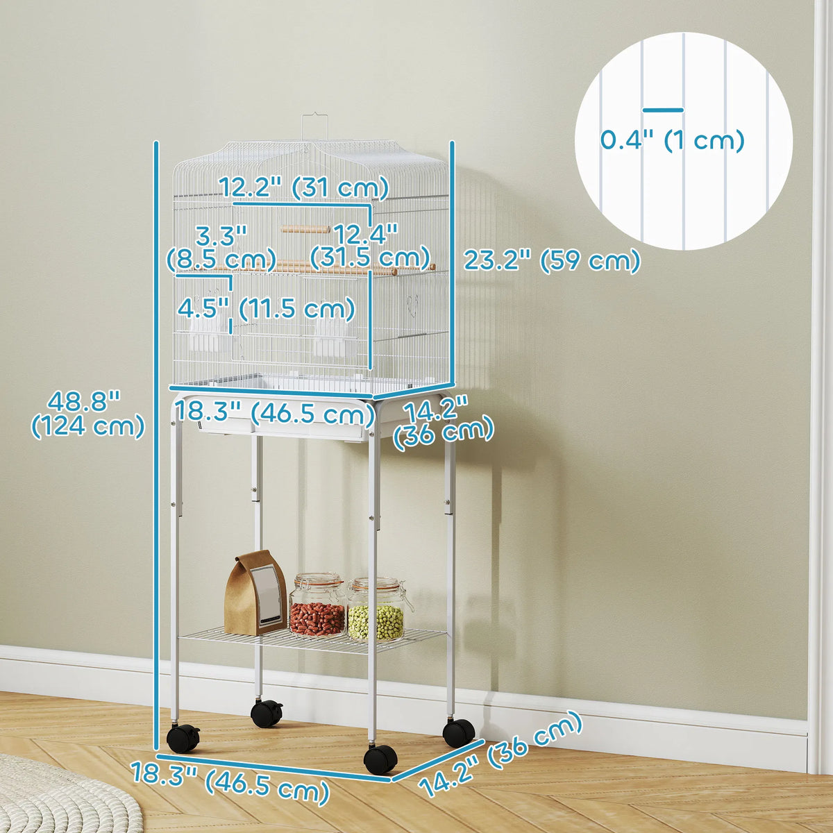 49" Rolling Bird Cage Cockatoo House Play Top Finch Pet Supply with Storage Shelf, Wheels - White