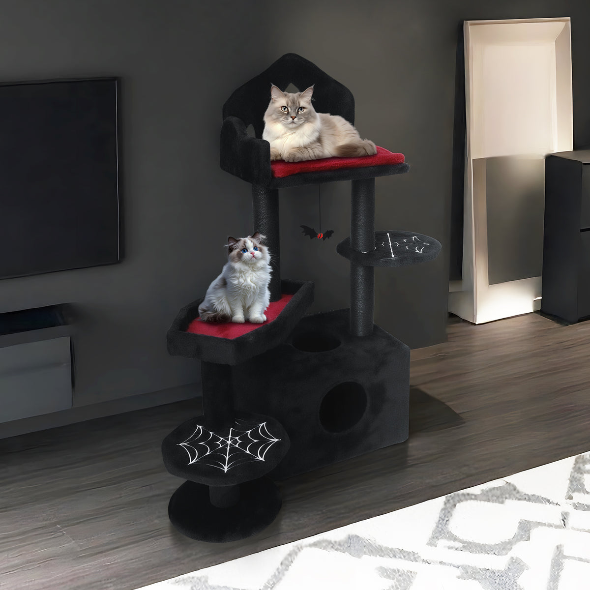 Black Gothic Cat Tree, Multi-Level Spooky Cat Tree with Scratching Posts, Perches, Hammock, and Cat Cave - Black Cat Tow