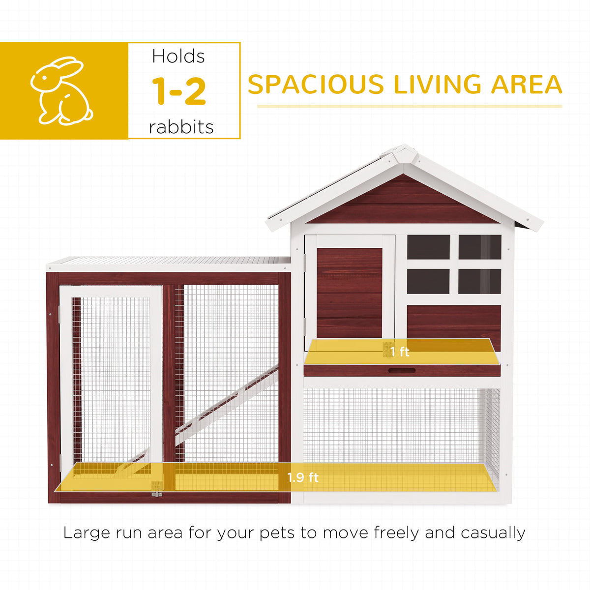 49" Wooden Rabbit Hutch Bunny Cage with Waterproof Asphalt Roof, Fun Outdoor Run, Removable Tray and Ramp, for Rabbits, 