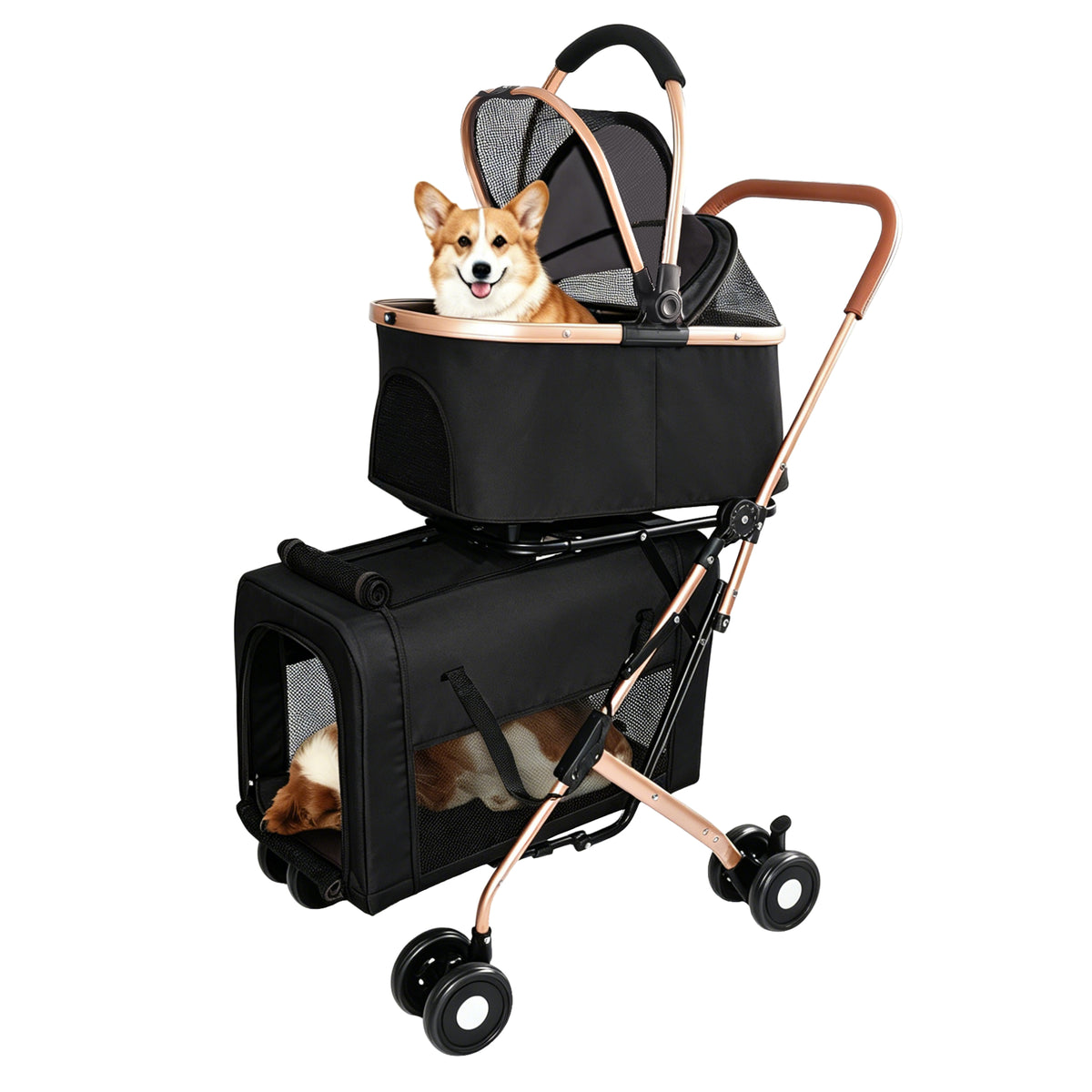 Double Pet Stroller for Dogs and Cats, Foldable Frame, 3-in-1 Convertible Carrier/Tote, Shockproof Wheels, Brake System,