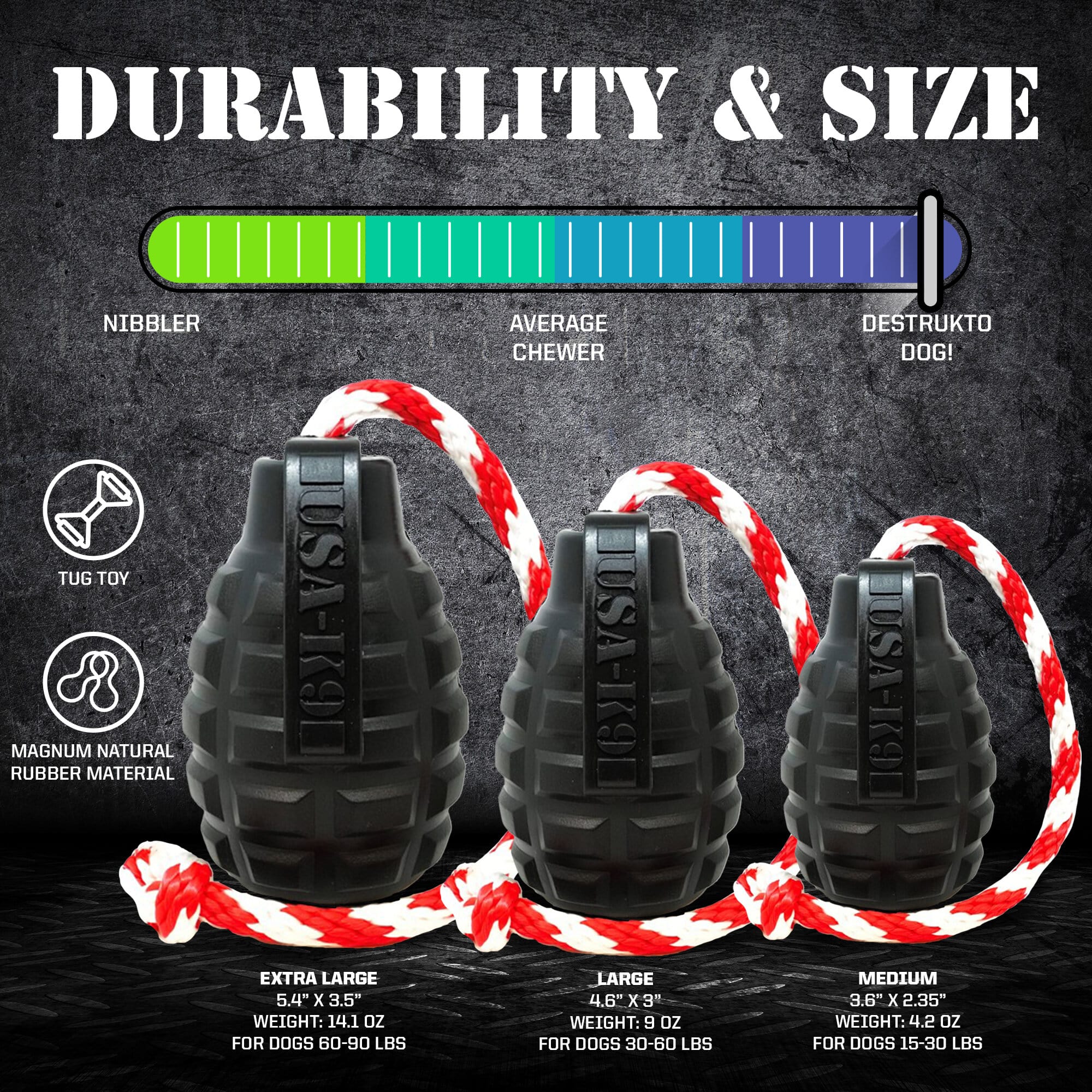 USA-K9 Magnum Grenade - Black Magnum Rubber Chew Toy for Extreme Chewers | USA Made - BIG FRENCHIES