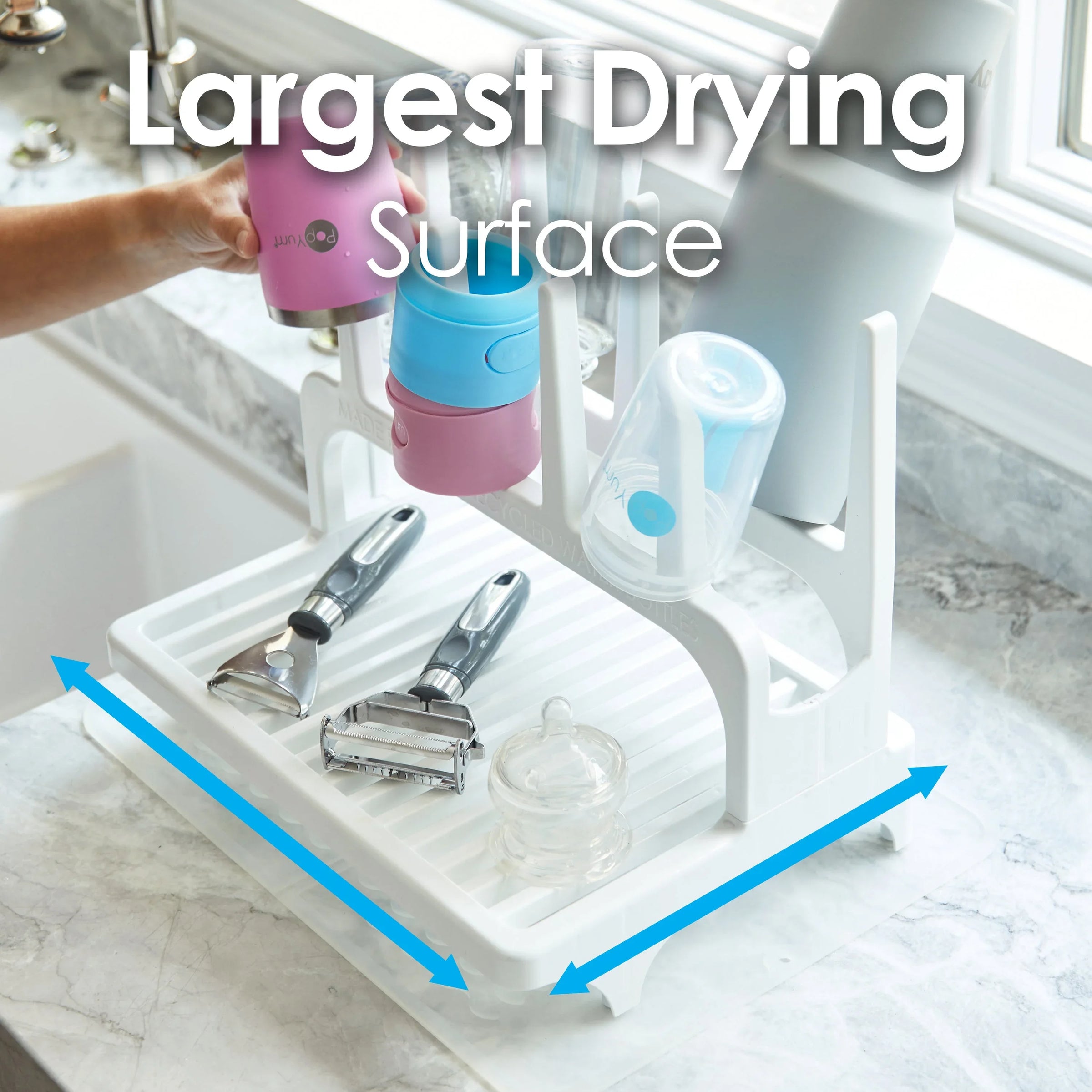PopYum Glacier White Space Saving Drying Rack from 100% Recycled Bottles, countertop for Baby Bottles, Plastic Bags, Cups, Glass, tumblers, Compact - BIG FRENCHIES