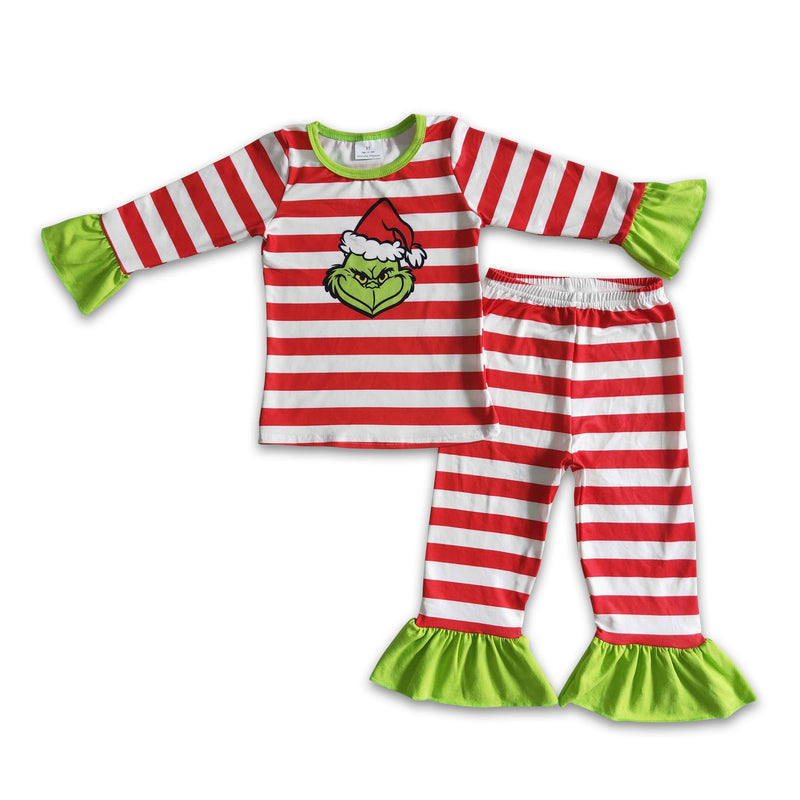 Red stripe green face girls Christmas pajamas - BIG FRENCHIES