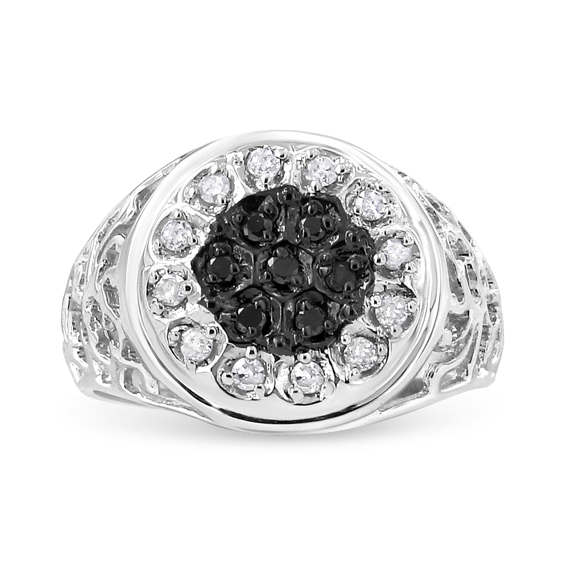 .925 Sterling Silver 1/4 Cttw White and Black Treated Diamond Halo Cluster Ring for Men (I-J Color, I3 Clarity) - Size 10