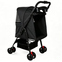 Foldable Pet Stroller for Small Dogs and Cats Under 28 lbs with Multi-Functional Tray, 2 Safety Leashes, Storage Basket 