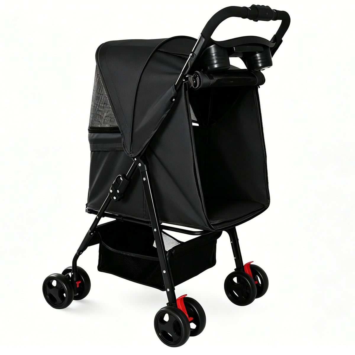 Foldable Pet Stroller for Small Dogs and Cats Under 28 lbs with Multi-Functional Tray, 2 Safety Leashes, Storage Basket 