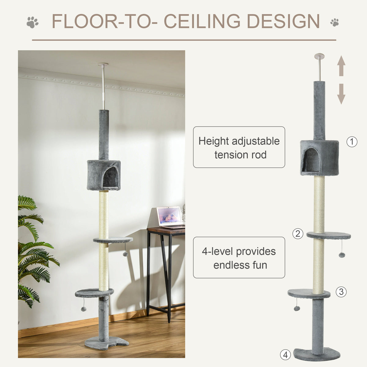 100" Cat Tree Height Adjustable Floor-to-Ceiling 4-Tier Kitty Climbing Activity Center Condo Cat Toy with Scratching Pos
