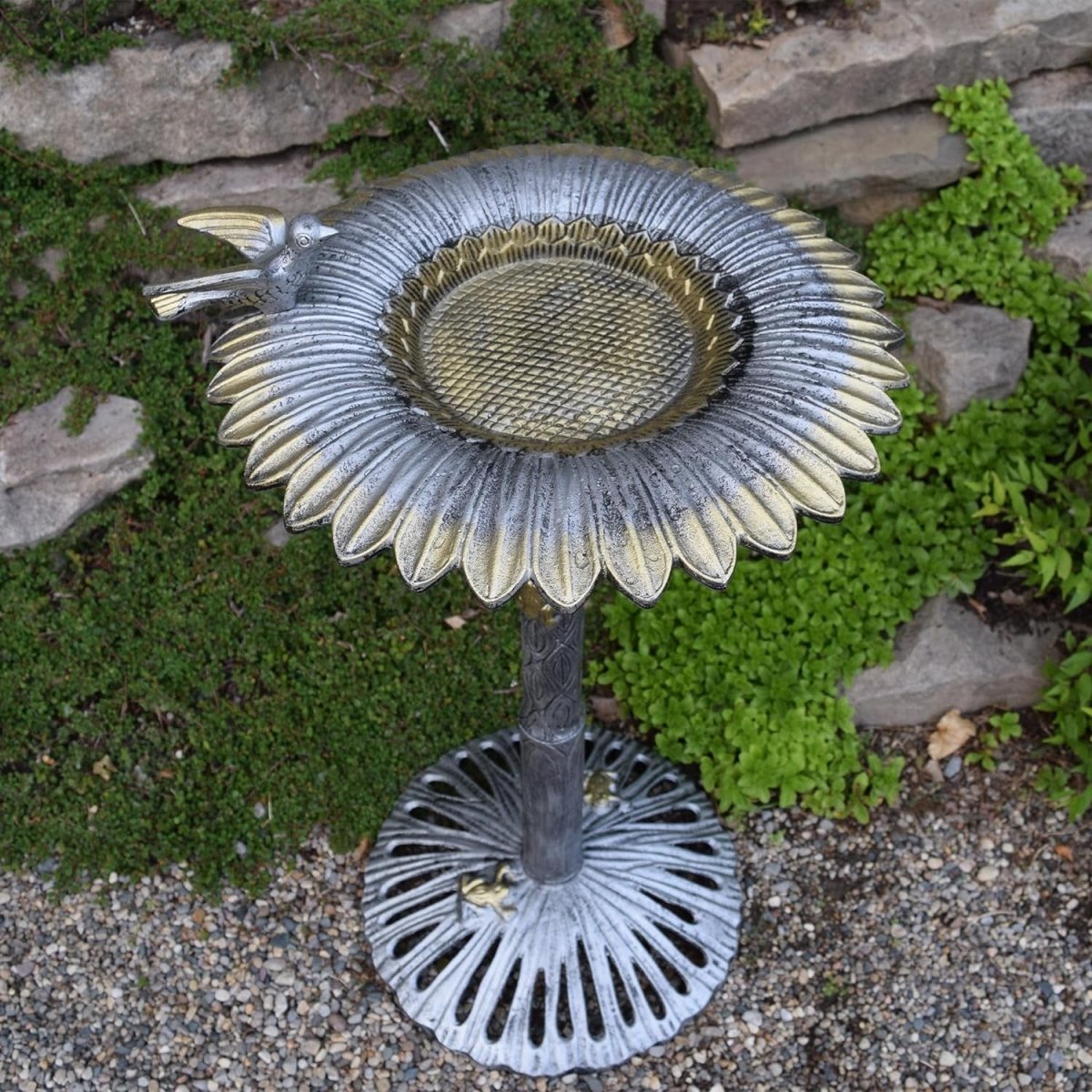 Antique Pewter Sunflower Design Aluminum Birdbath, Silver - BIG FRENCHIES