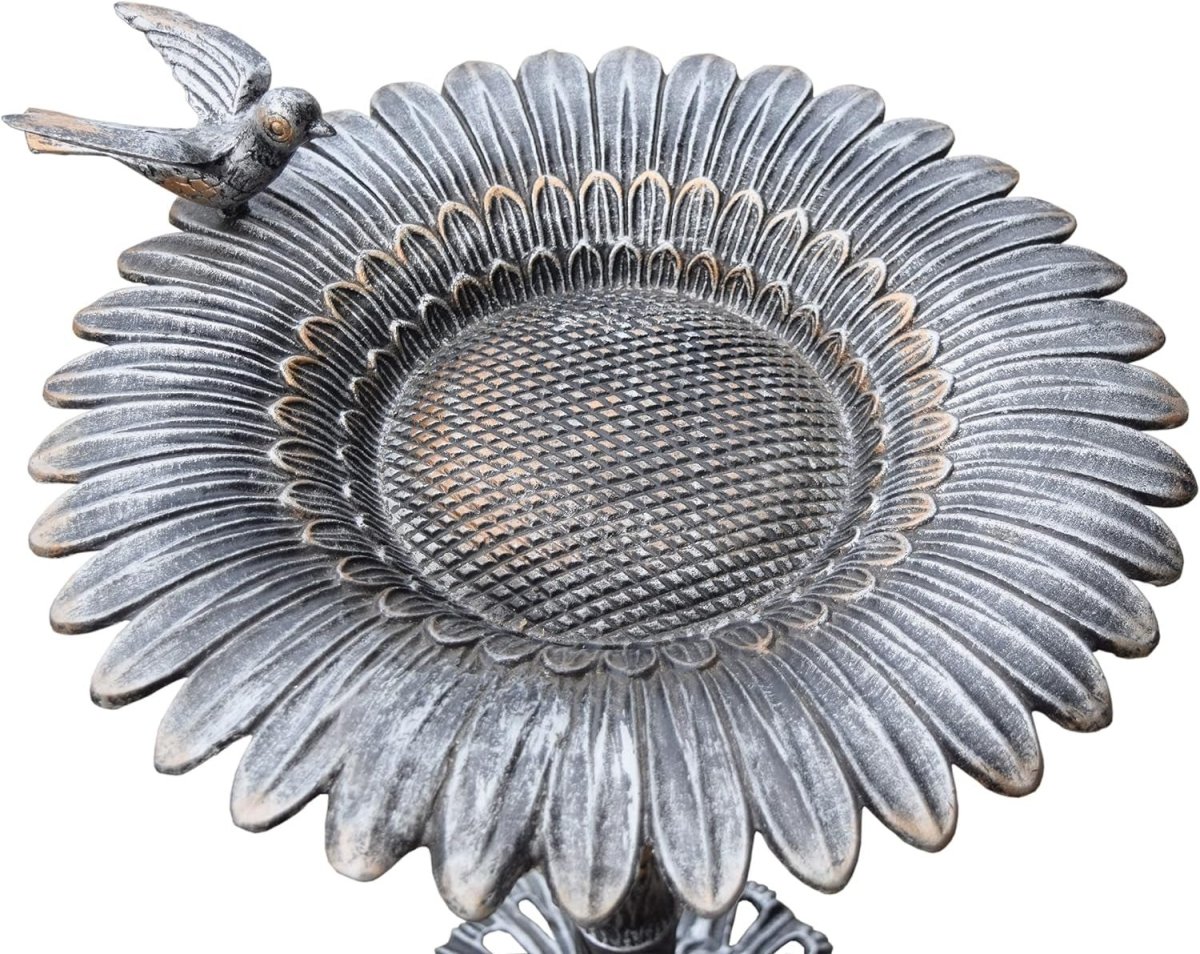 Antique Pewter Sunflower Design Aluminum Birdbath, Silver - BIG FRENCHIES