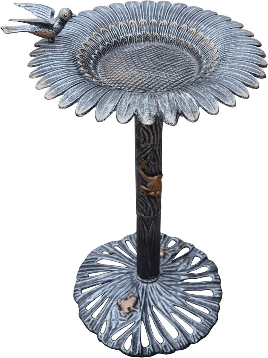 Antique Pewter Sunflower Design Aluminum Birdbath, Silver - BIG FRENCHIES