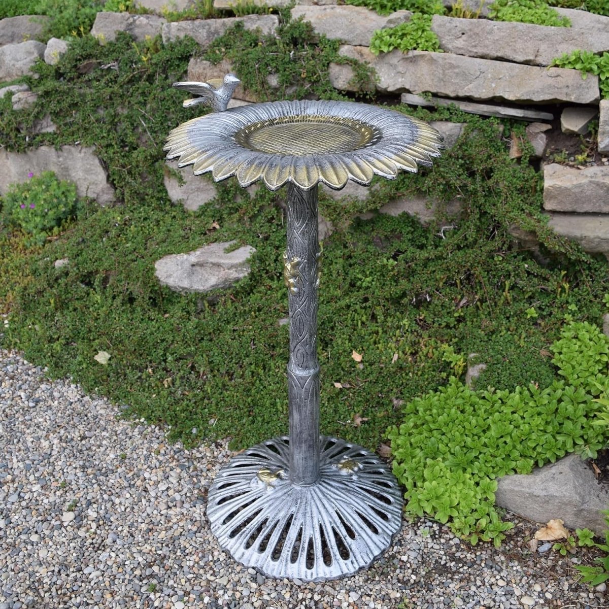 Antique Pewter Sunflower Design Aluminum Birdbath, Silver - BIG FRENCHIES