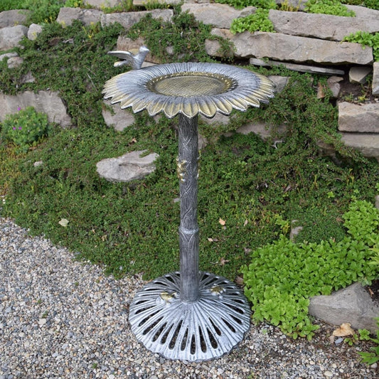 Antique Pewter Sunflower Design Aluminum Birdbath, Silver - BIG FRENCHIES