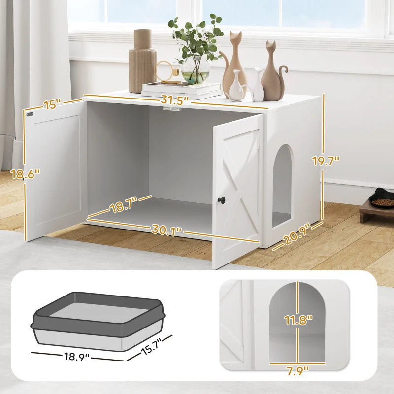 PawHut Cat Litter Box Enclosure With Barn Door, Cat Hole, White
